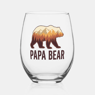 Papa Bear Bear Silhouette Vintage Forest T-Shirt_1 Stemless Wine Glass