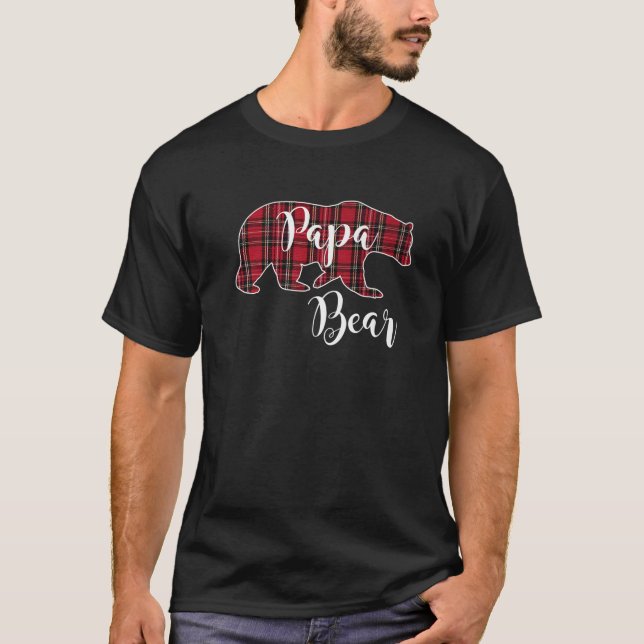 Papa Bear Black Red Tartan Plaid Fun Dad Father Gi T-Shirt (Front)