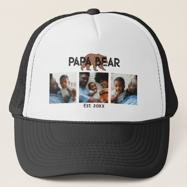 Papa Bear Father Year Established 3 Photo Trucker Hat (Front)