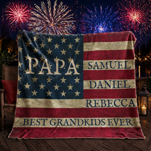PAPA best grandkids names Vintage American Flag Fleece Blanket
