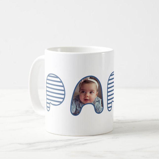 Papa Blue Stripe Bubble Lettering Photo Collage Coffee Mug (Front Left)