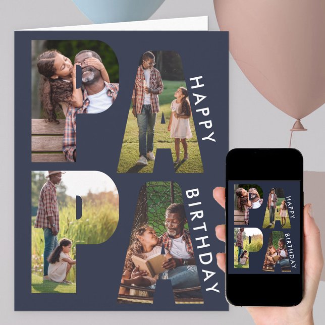 PAPA Letter Cutout Photo Collage Blue Birthday Card (Creator Uploaded)
