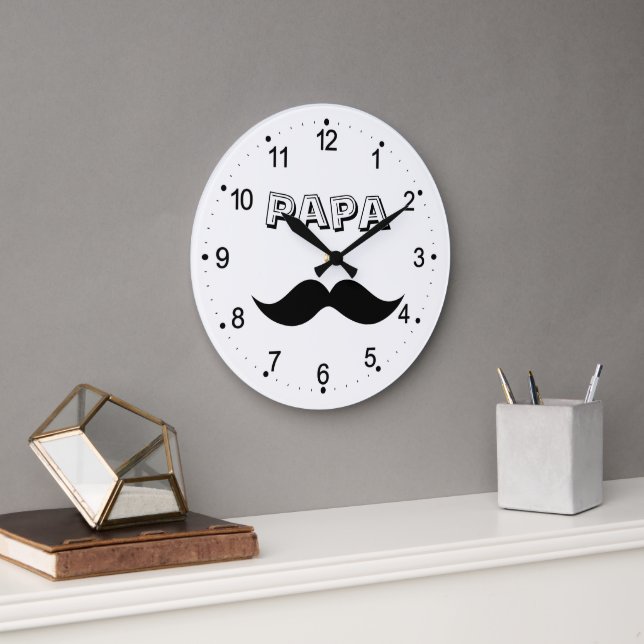 Papa Men's Mustache Black & White Large Clock (Office)