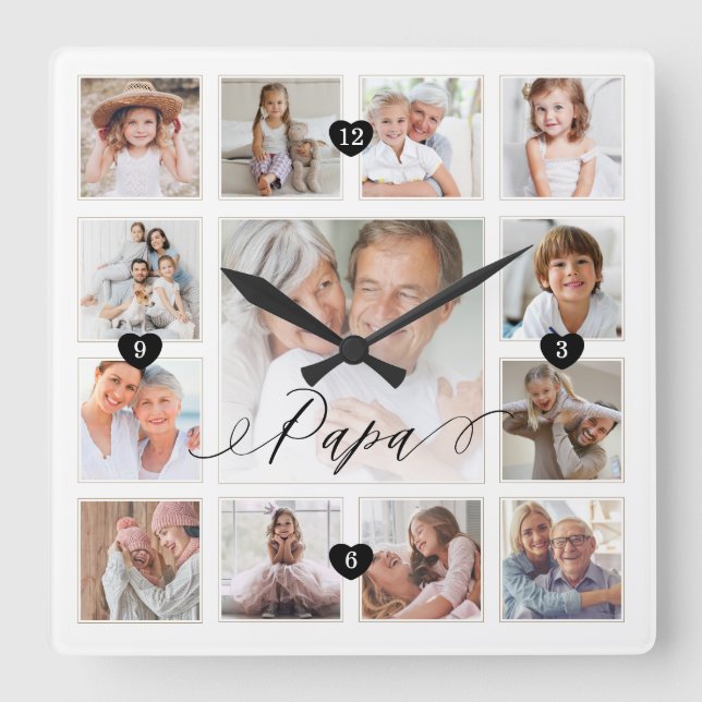 Papa Script Family Memory Photo Grid Collage Square Wall Clock (Front)
