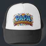Papa The Man The Myth The Legend Funny Comic Retro Trucker Hat<br><div class="desc">Celebrate the ultimate family hero with this explosive, superhero-inspired pop art design. Featuring the iconic "Papa: The Man, The Myth, The Legend" slogan, this graphic is styled like a classic silver-age comic book cover. The aesthetic is packed with high-energy elements: bold 3D typography, halftone dot gradients, action-packed starbursts, and mechanical...</div>