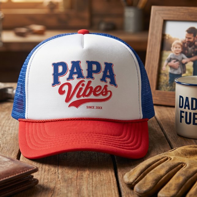 Papa Vibes Red Blue Retro Trucker Design Hat (Creator Uploaded)