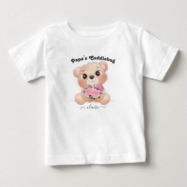 Papa's Cuddlebug with Baby Name Cute Brown Bear T-Shirt (Front)