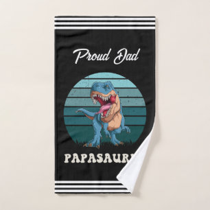 Papasaurus Funny Dinosaur on Green Retro Sunset Bath Towel Set