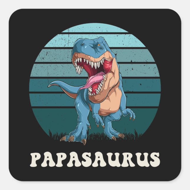 Papasaurus Funny Dinosaur on Green Retro Sunset Square Sticker (Front)
