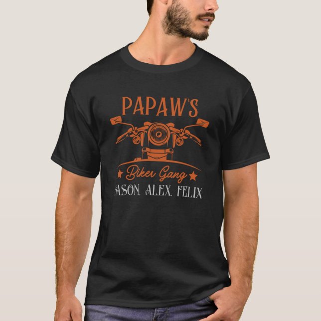 Papaw's Biker Gang Personalised Grandkid Names T-Shirt (Front)