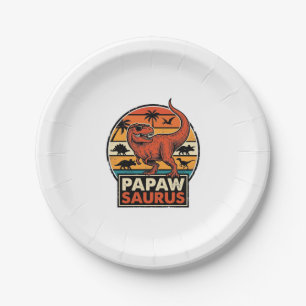 Papawsaurus Retro Dinosaur Sunset Vector Design_1 Paper Plate