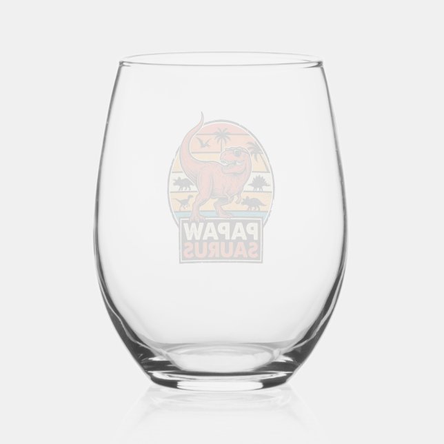 Papawsaurus Retro Dinosaur Sunset Vector Design_1 Stemless Wine Glass (Front)
