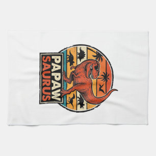 Papawsaurus Retro Dinosaur Sunset Vector Design_1 Tea Towel