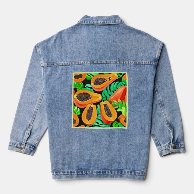 Papaya and Leaves Fresh Pattern Denim Jacket (Back)