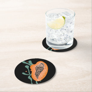 Papaya Hand Drawn Lettering Tropical Fruit    Round Paper Coaster