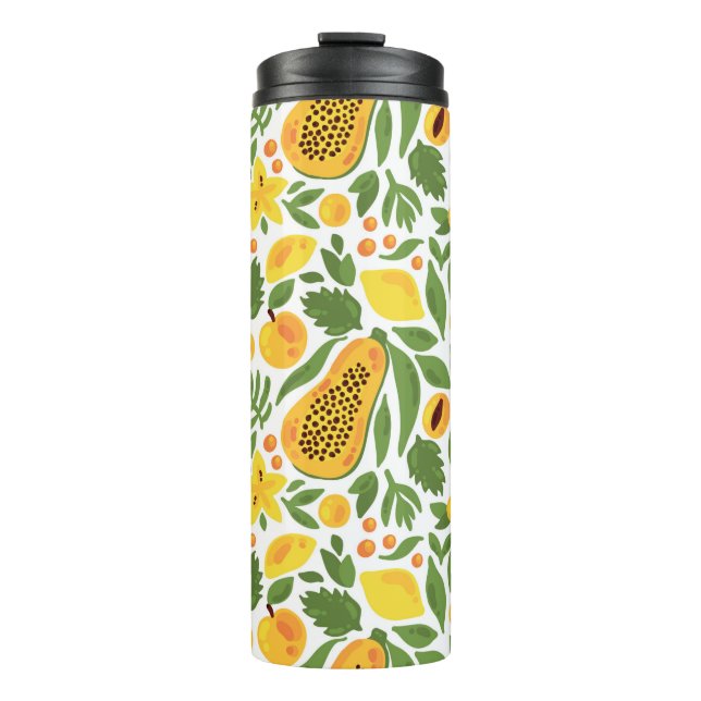 Papaya lemon peach mango fruits exotic tropic seam thermal tumbler (Front)