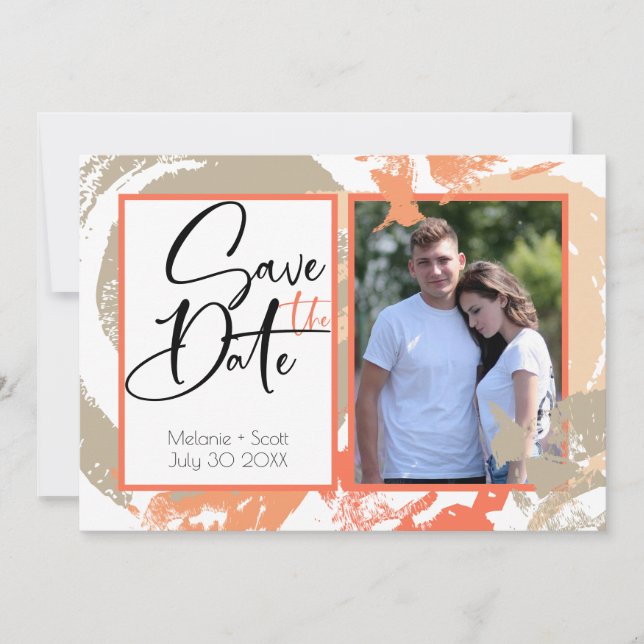 Papaya Orange Abstract Brush Strokes Save the Date Invitation (Front)