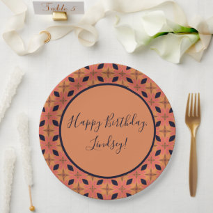 Papaya Orange and Black Retro Tropical Pattern Paper Plate