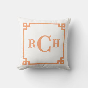 Papaya Orange Chinoiserie Greek Key Monogram Cushion
