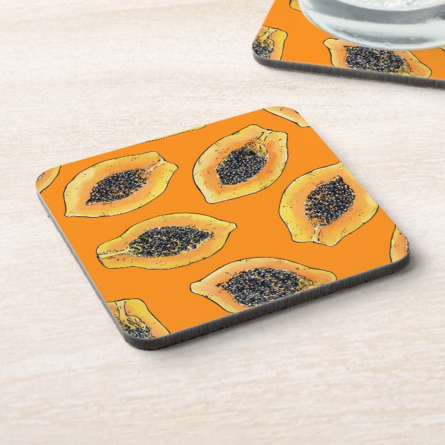 Papaya slices on orange coaster (Left Side)