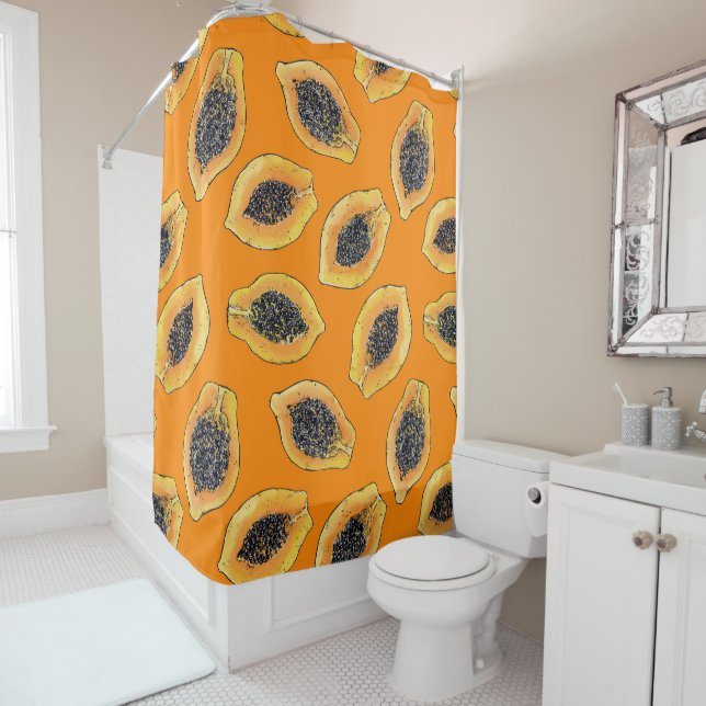 Papaya slices on orange shower curtain (In Situ)