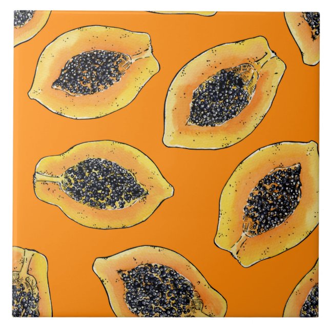 Papaya slices on orange tile (Front)