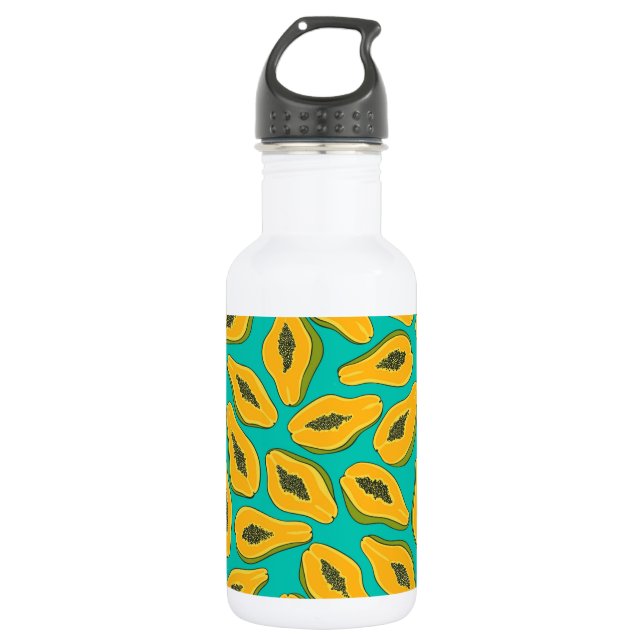 Papaya slices on turquoise 532 ml water bottle (Front)