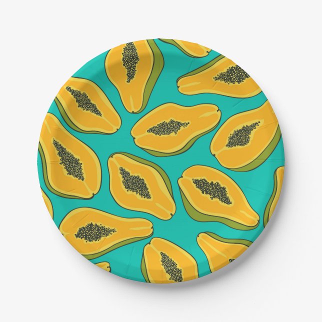 Papaya slices on turquoise paper plate (Front)