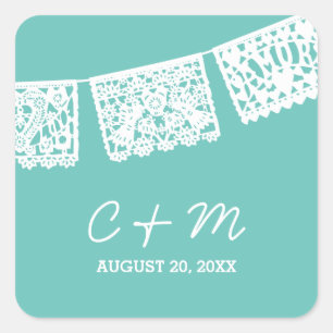 Papel Picado Aqua Wedding Favour Sticker
