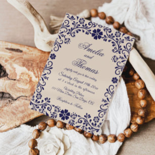 Papel Picado Beige Blue Mexican Wedding  Invitation