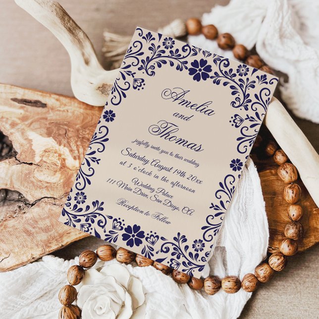 Papel Picado Beige Blue Mexican Wedding  Invitation (Creator Uploaded)