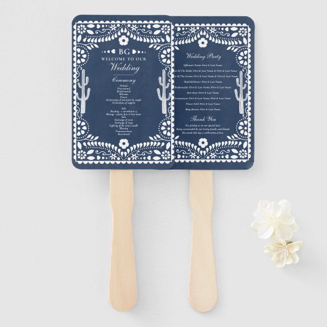 Papel Picado Boda Mexican Rustic Blue Wedding  Hand Fan (Front and Back)