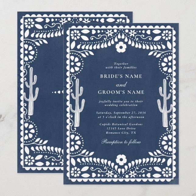 Papel Picado Boda Mexican Rustic Blue Wedding Invitation (Front/Back)