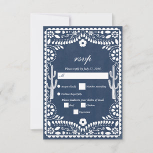 Papel Picado Boda Mexican Rustic Blue Wedding RSVP Card