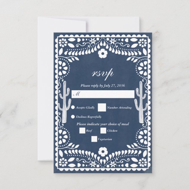 Papel Picado Boda Mexican  Rustic Blue Wedding RSVP Card (Front)