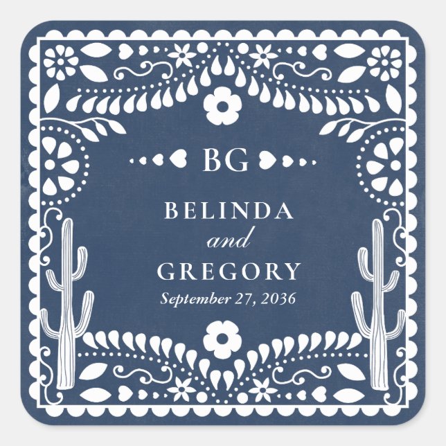 Papel Picado Boda Mexican Rustic Blue Wedding Square Sticker (Front)
