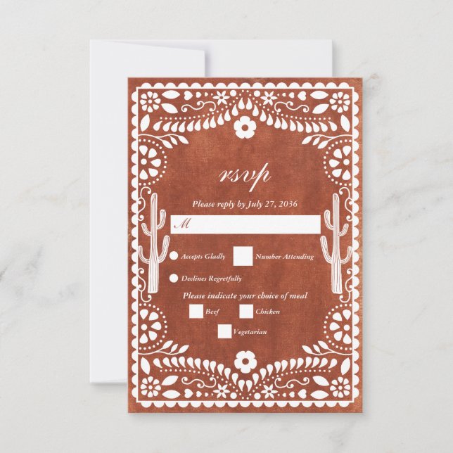 Papel Picado Boda Mexican Terracotta Brown Wedding RSVP Card (Front)
