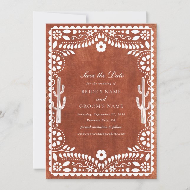Papel Picado Boda Mexican Terracotta Brown Wedding Save The Date (Front)