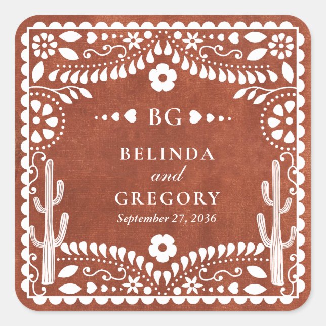 Papel Picado Boda Mexican Terracotta Brown Wedding Square Sticker (Front)