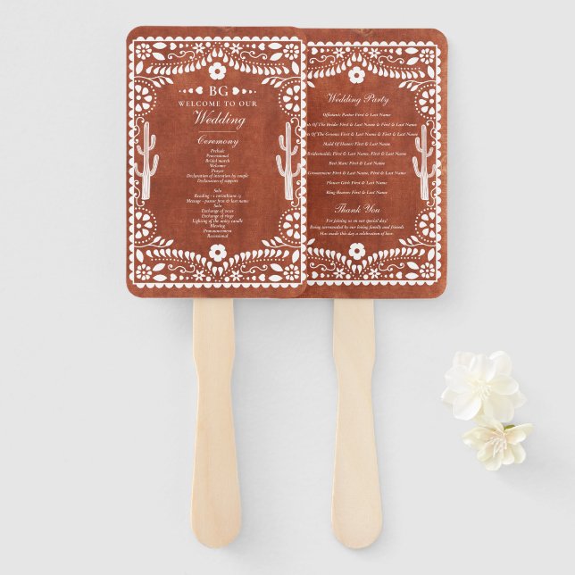 Papel Picado Boda Mexican Terracotta Wedding  Hand Fan (Front and Back)