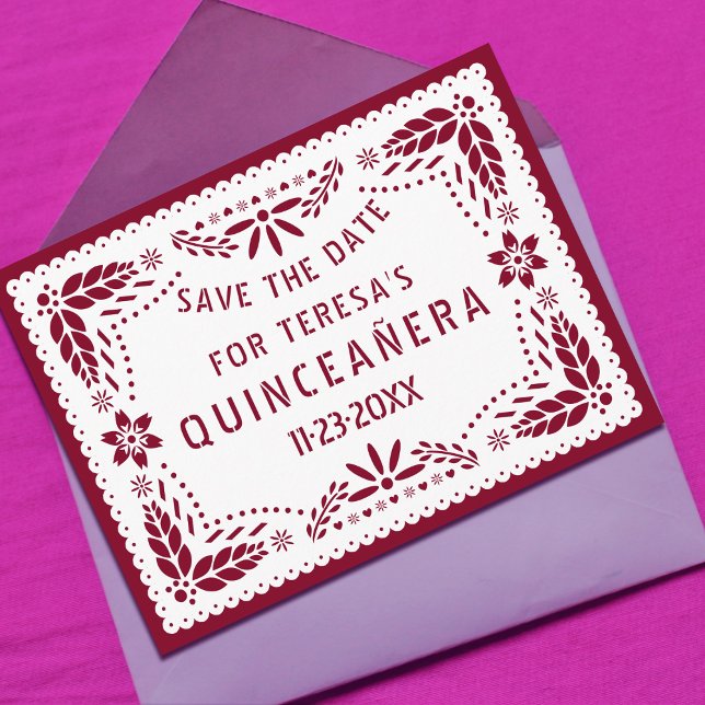 Papel picado burgundy QUINCEAÑERA Save the Date Announcement Postcard (Creator Uploaded)