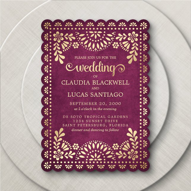 Papel Picado Burgundy Wedding Invitation (Creator Uploaded)