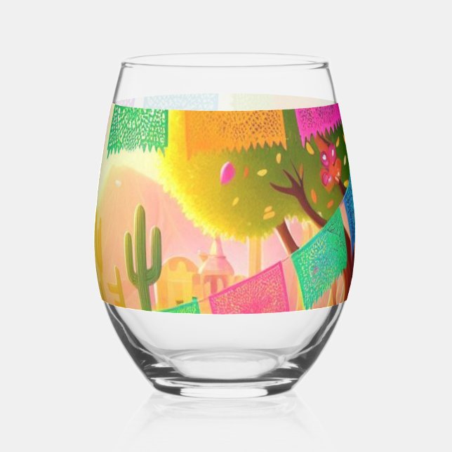 Papel Picado Fiesta  Stemless Wine Glass (Back)