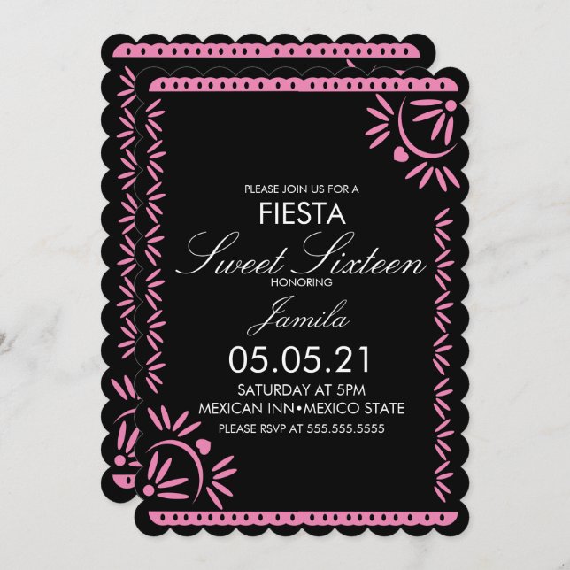 Papel Picado Fiesta Sweet 16 Mexican Scallop Pink Invitation (Front/Back)