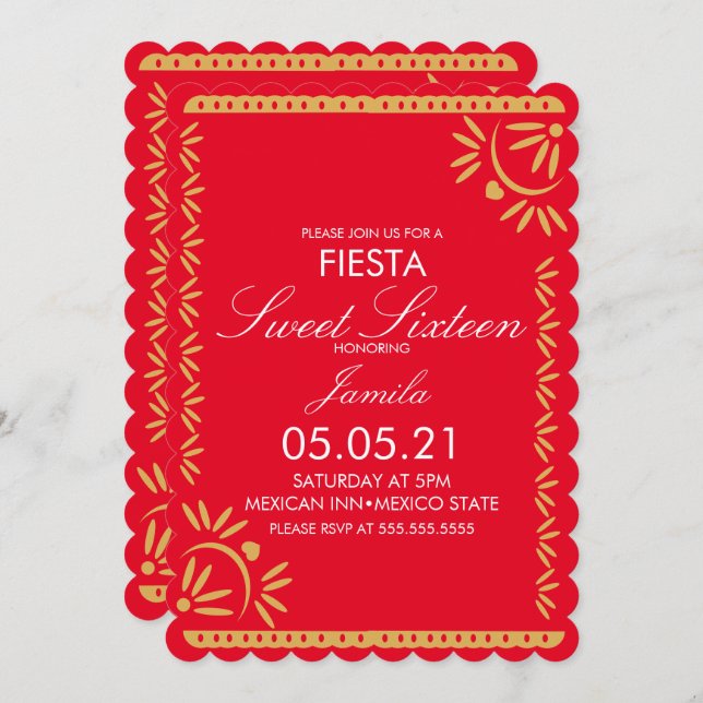 Papel Picado Fiesta Sweet 16 Mexican Scallop Red Invitation (Front/Back)