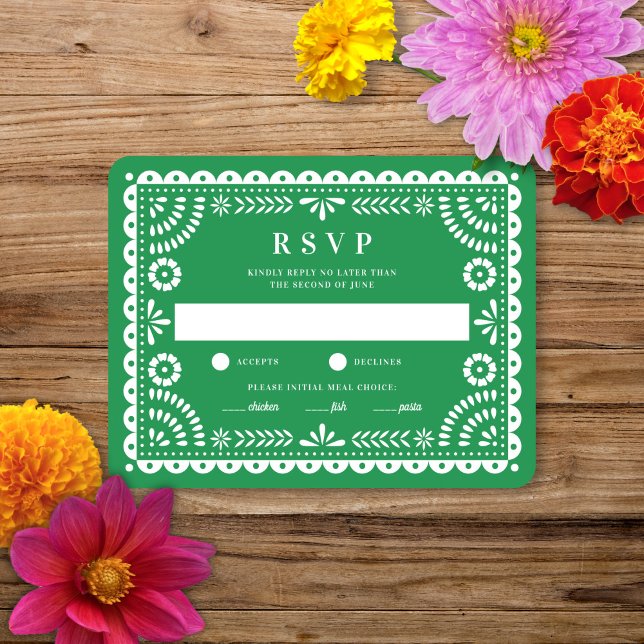Papel Picado Green | Wedding Reply RSVP Card (Creator Uploaded)