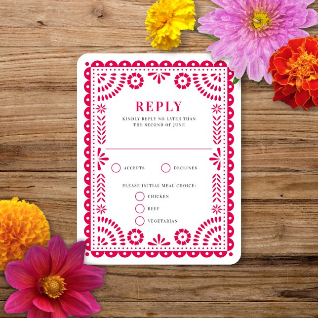 Papel Picado Hot Pink | Wedding Reply RSVP Card (Creator Uploaded)