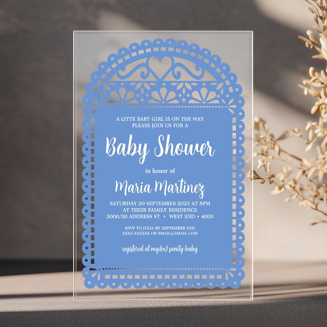 Papel Picado Inspired Pink Baby Shower Acrylic Invitations (Simple and elegant baby shower invitation, inspired by the intricate and colorful papel picado flags)