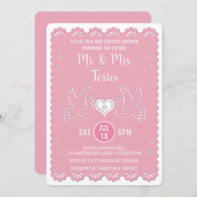 Papel Picado Love Bird Pink Couples Wedding Shower Invitation (Front/Back)