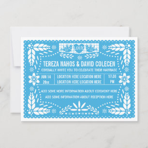 Papel picado love birds blue wedding invitation